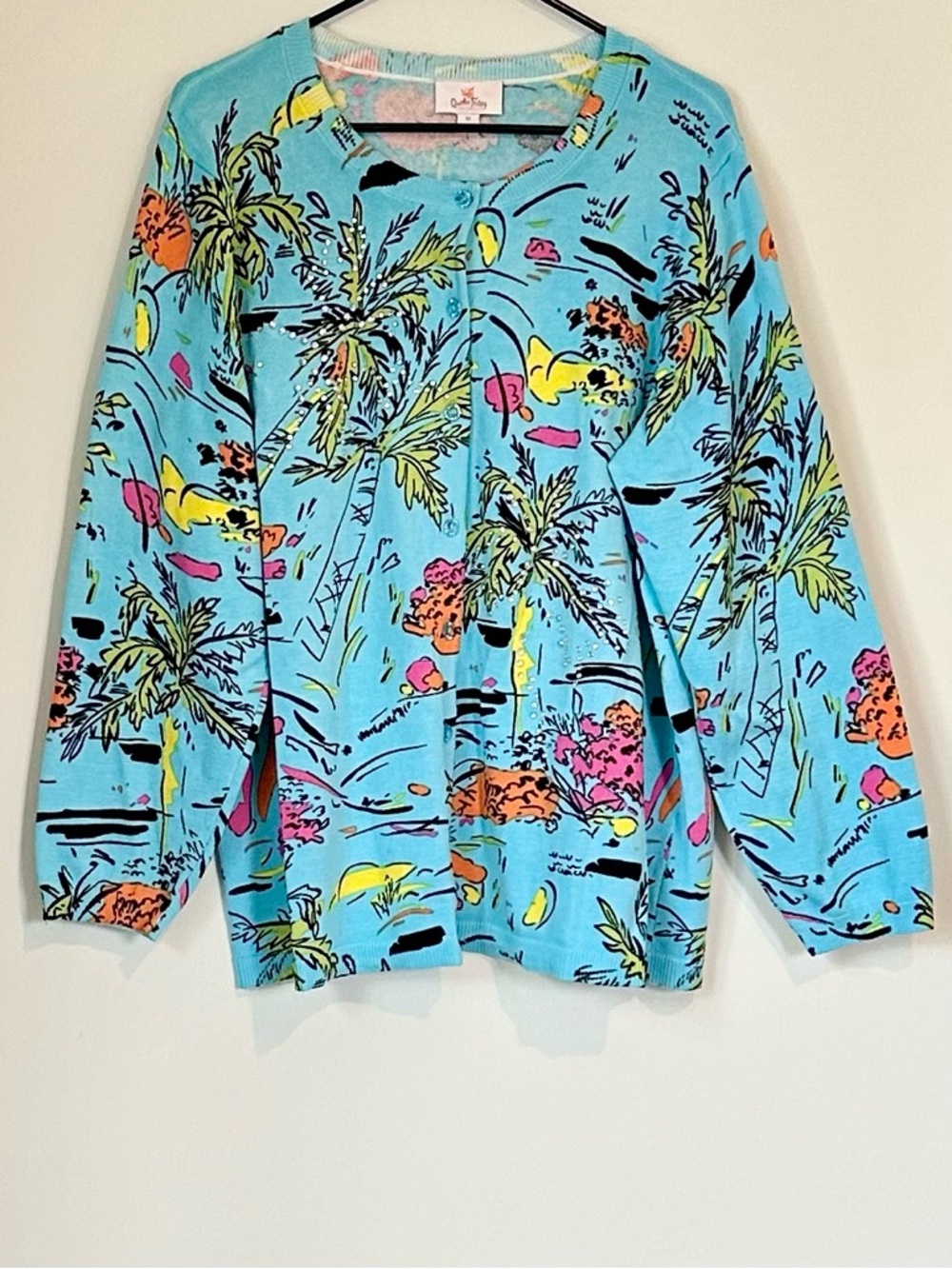 Quacker Factory Turquoise Tropical Palm Print Cardigan with Rhinestones - 1X